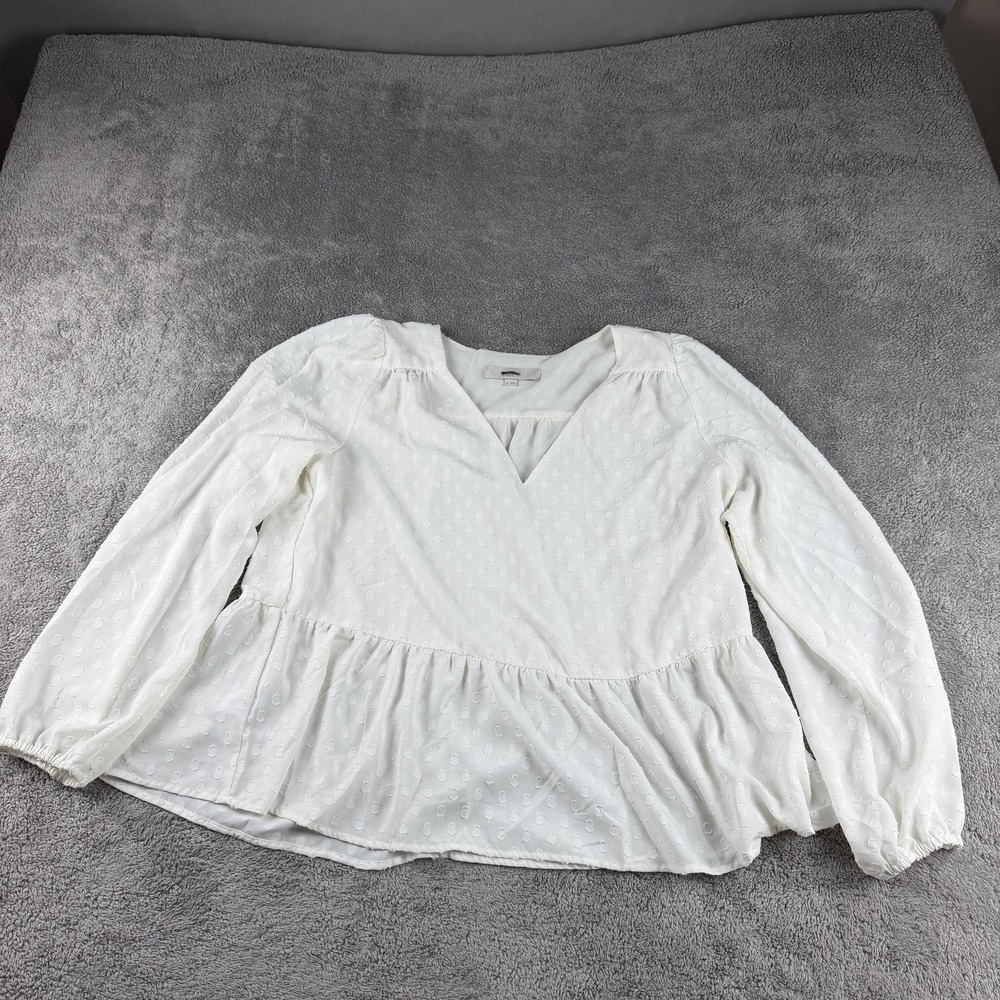 LOFT Blouse Lined Polka Dot Ruffle Edge Puff Sleeve Top Womens Medium Ivory